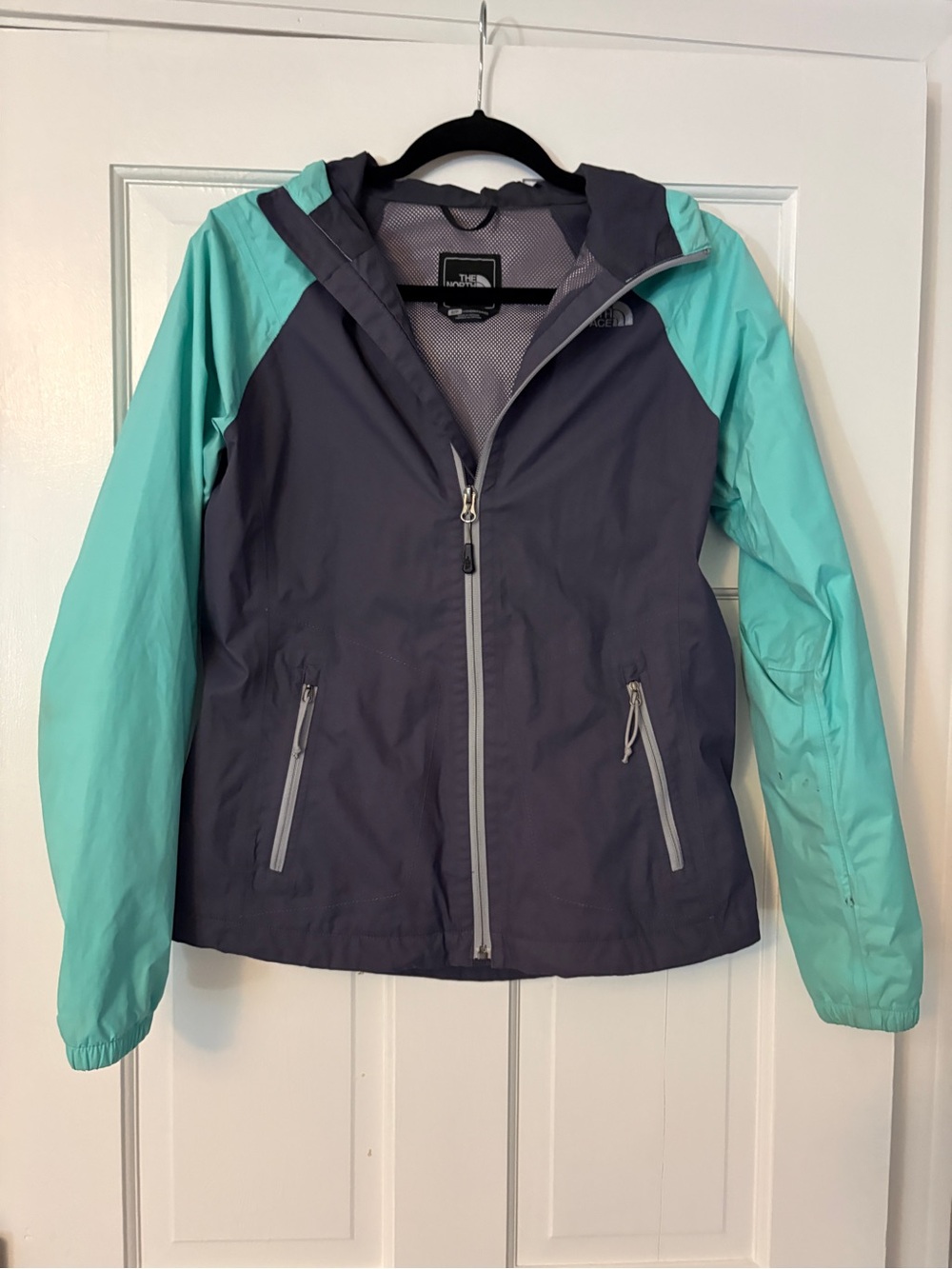 The North Face Colorblock HyVent Hooded Windbreaker Jacket Teal Navy Small